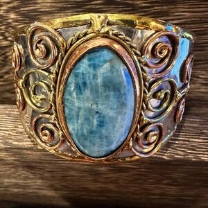 Artisan-Made 2-inch Wide Cuff Bracelet with Apatite Stone and Mixed‎ Metals, Adj